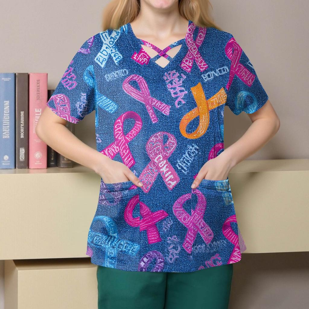 Dámská móda V-výstřih Krátký rukáv Kombinézy Kapsa s dvojitou vrstvou Tištěná trička Oblečení