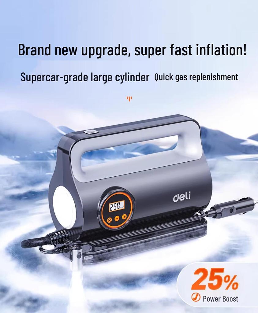 Deli 12V Portable Car Air Pump with Tire Pressure Gauge
