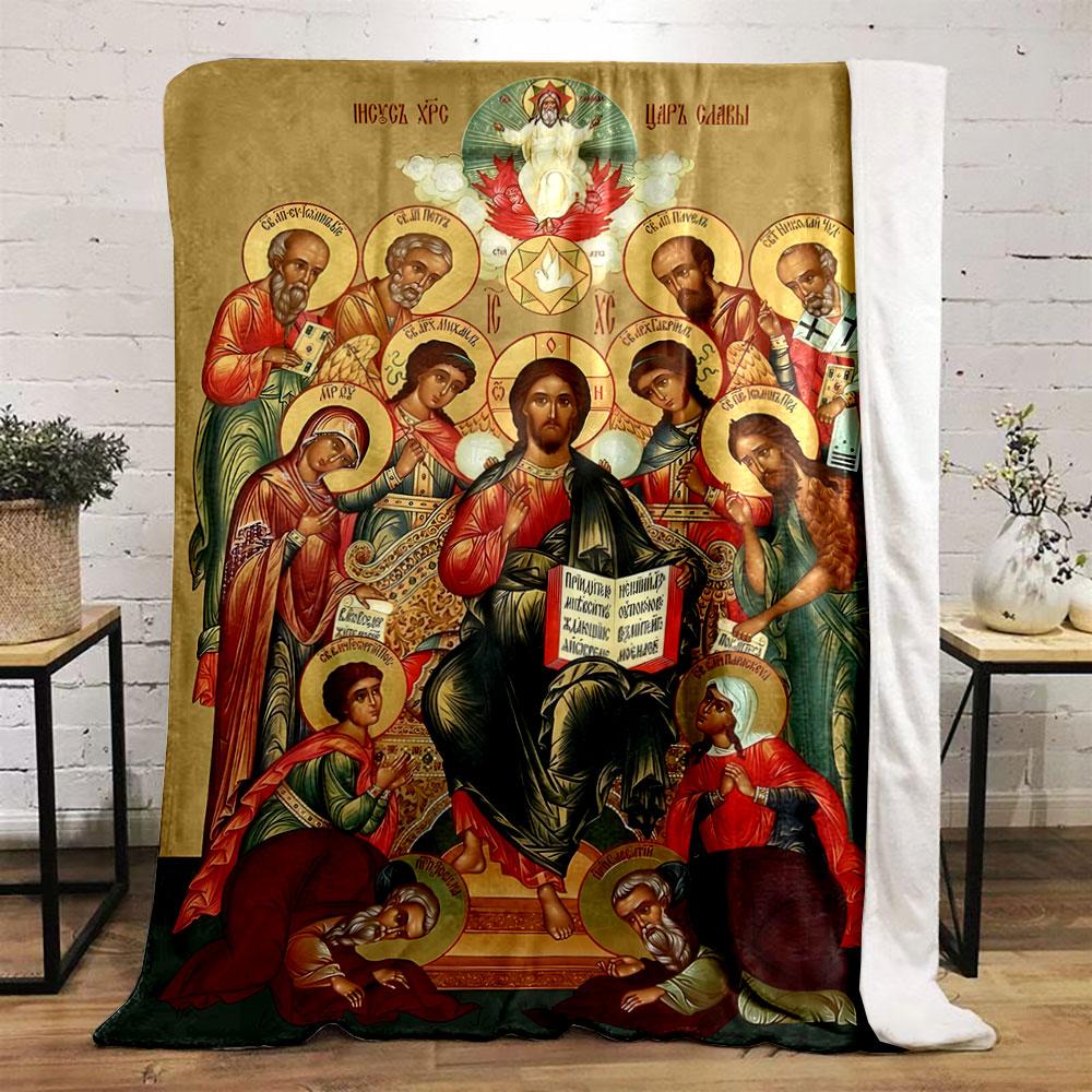 A Central Seated Figure Surrounded by Halos, Angels, and Ornate Designs. for All Seasons Blanket Lunch Break Throw Gift