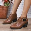 2026 Autumn Women's Brown Ankle Boots New Lace-up Chunky High Heeled Short Boots Black with Heart Decors Women Botines Size35-43