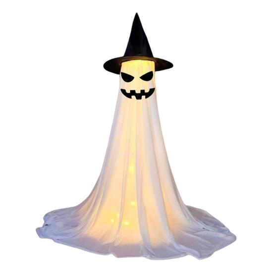 Halloween Ghost Decoration with LED Light Large White Scary Light Up Ghost with Witch Hat for Outdoor Front Porch Yard Garden Lawn Home Decor