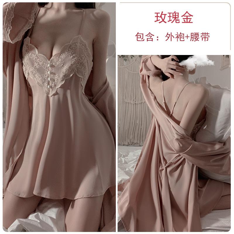 Sexy Cross Backless Deep V Seduction Lace Splicing Satin Nightdress Robe Women's Home Suit
