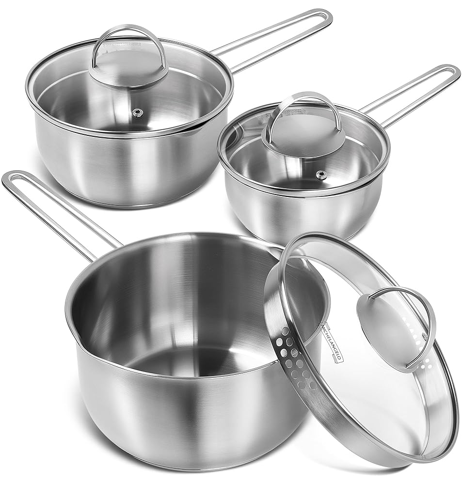 MICHELANGELO Stainless Steel Wire Handle Milk Pot/Cooking Pot 1Qt/2Qt/3Qt Three-layer Base Stainless Steel Pot Dishwasher-safe