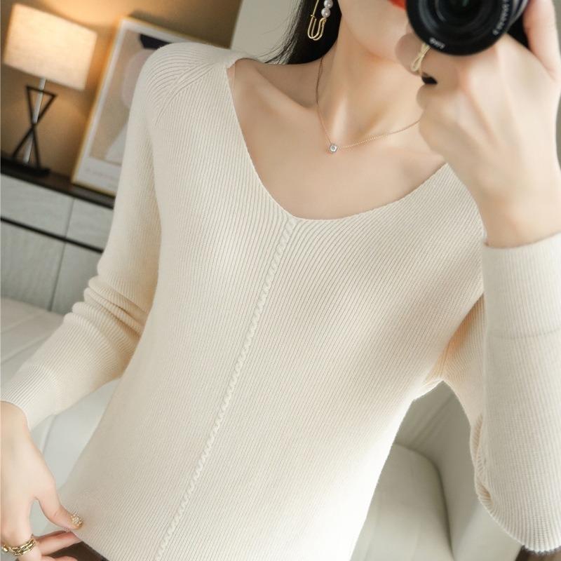Spring and Autumn New V-Neck Long Sleeve Women's Bottom Knitted Sweater Top Autumn and Winter Slim-fit Tights Sweater Women's Inside
