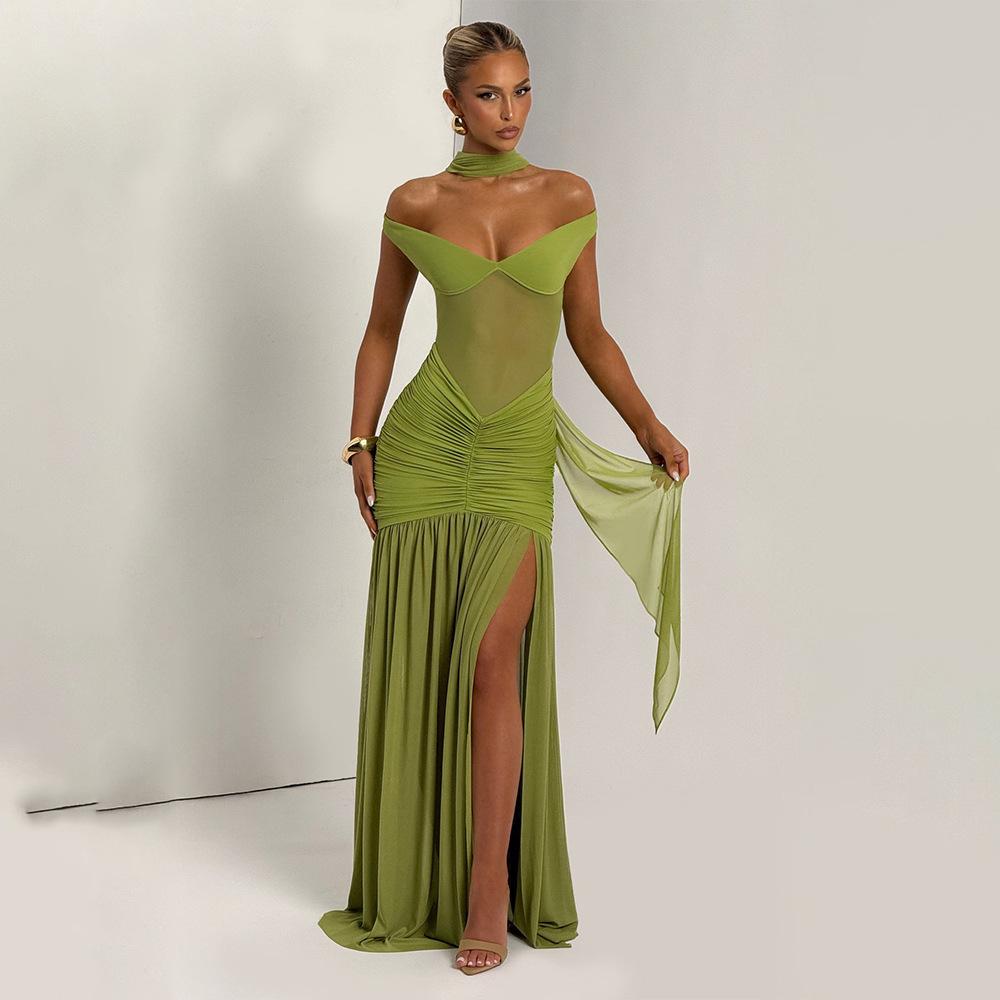 Sexy Tube Top Halter Dress Fashion Temperament Mesh Pleated Split Hip Wrap Dress