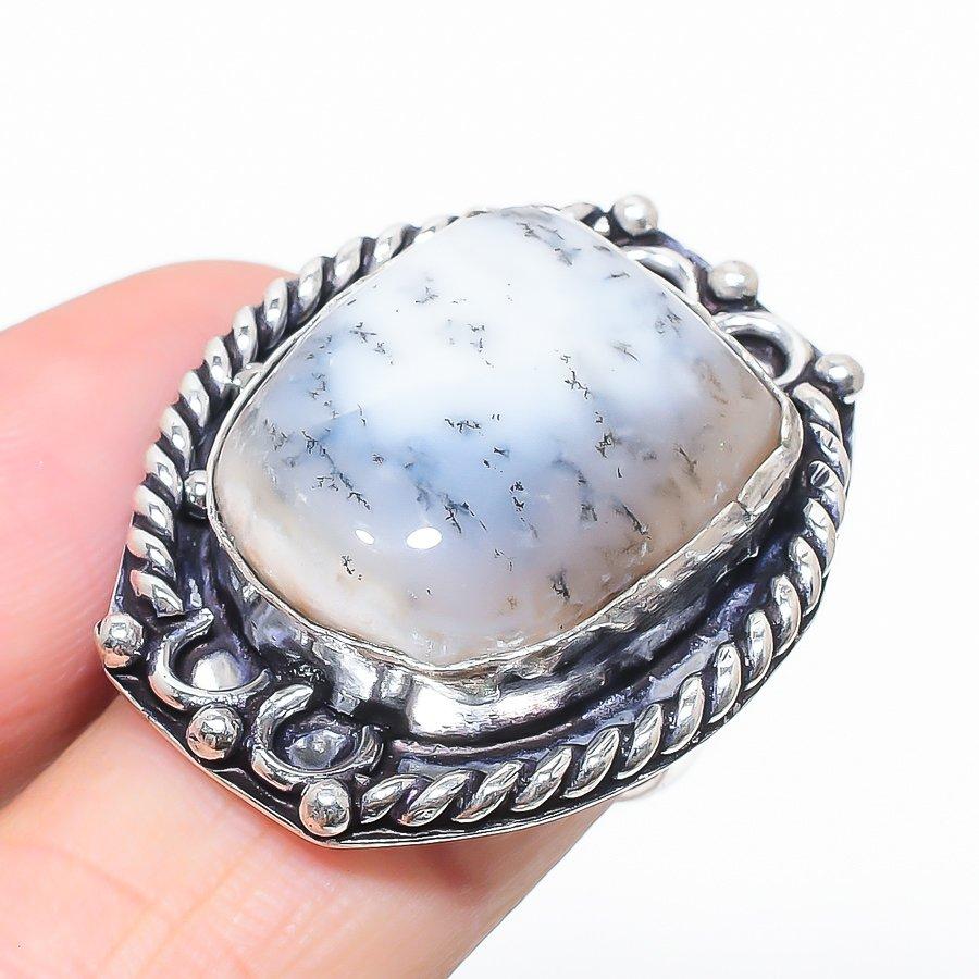 

Кольцо из стерлингового серебра 925 пробы с натуральным дендритовым опалом ручной работы, размер 6 F3t33