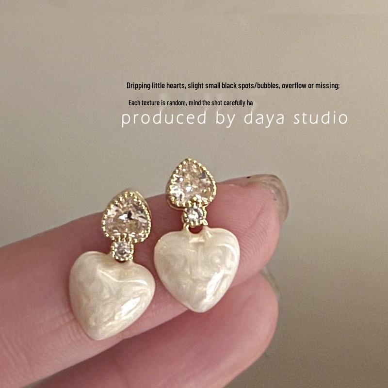 Prelude to Fall: French Retro Zircon Heart Drop Enamel Earrings