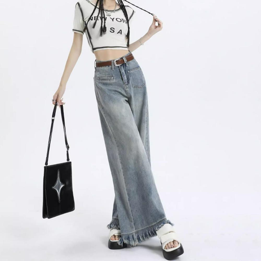 Personalized Niche Spring and Autumn New High-waisted Wide-leg Jeans Women's Loose Straight-leg Slim and High Floor Pants