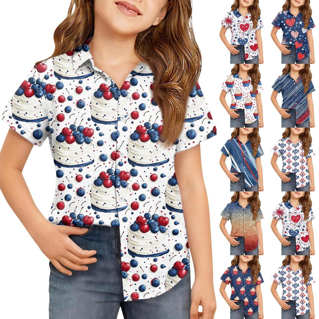 Summer Girls' Short Sleeve Blouse School Uniform Button-Up Shirt Kids Summer School Uniform Button Down Shirt
