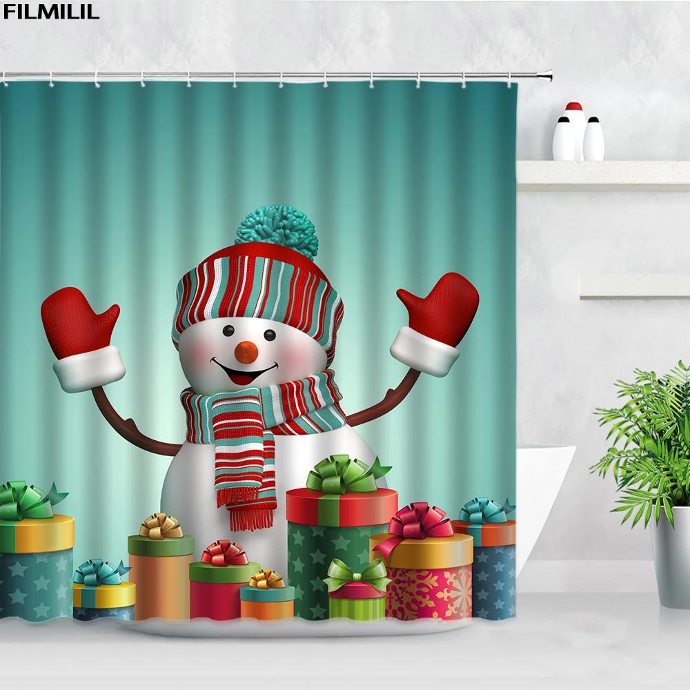 

Funny Christmas Snowman Shower Curtains Skiing Winter Forest Color Xmas Ball Gift New Year Bathroom Decor Bath Curtain Set Hooks 90x180cm-35x70in
