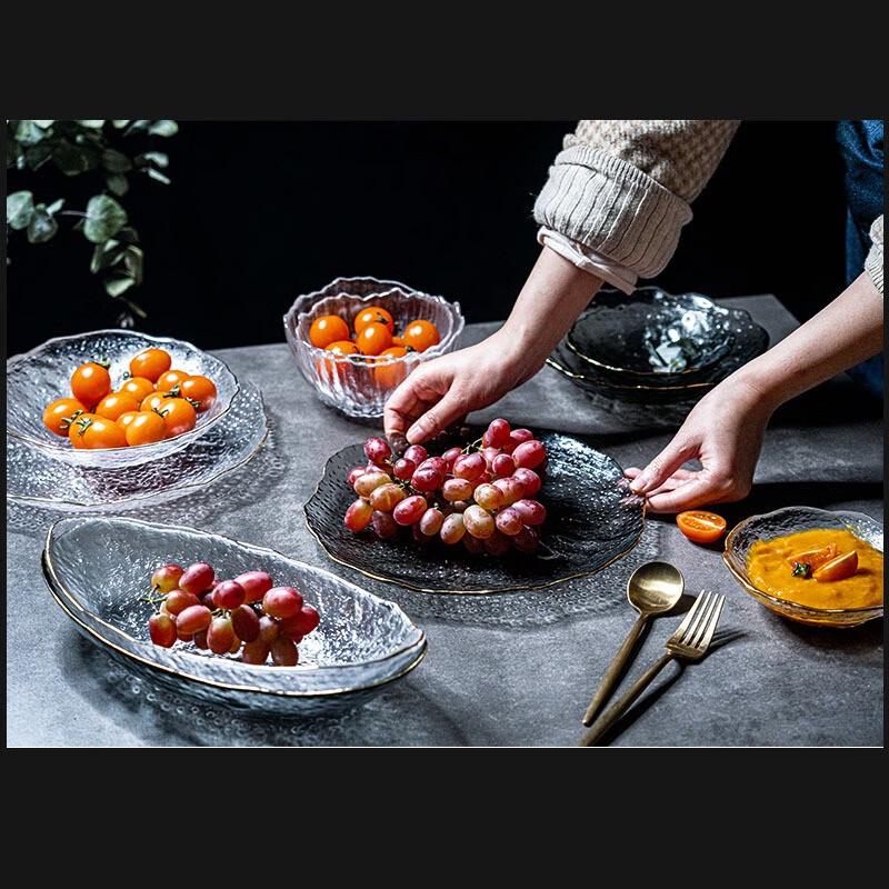 Light Luxury Gold-Rimmed Hammered Glass Fruit Plate