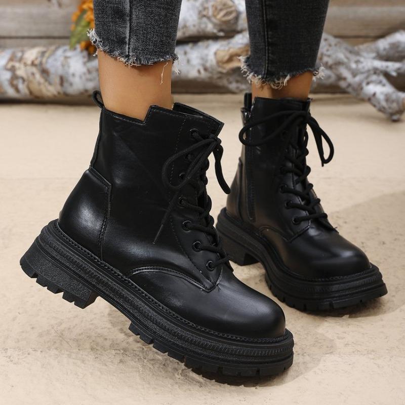 Plus Size Fall/Winter 2025 Women's Boots Martin Boots with Fleece Thick Soles and Lace-up Black Classic Booties for Women