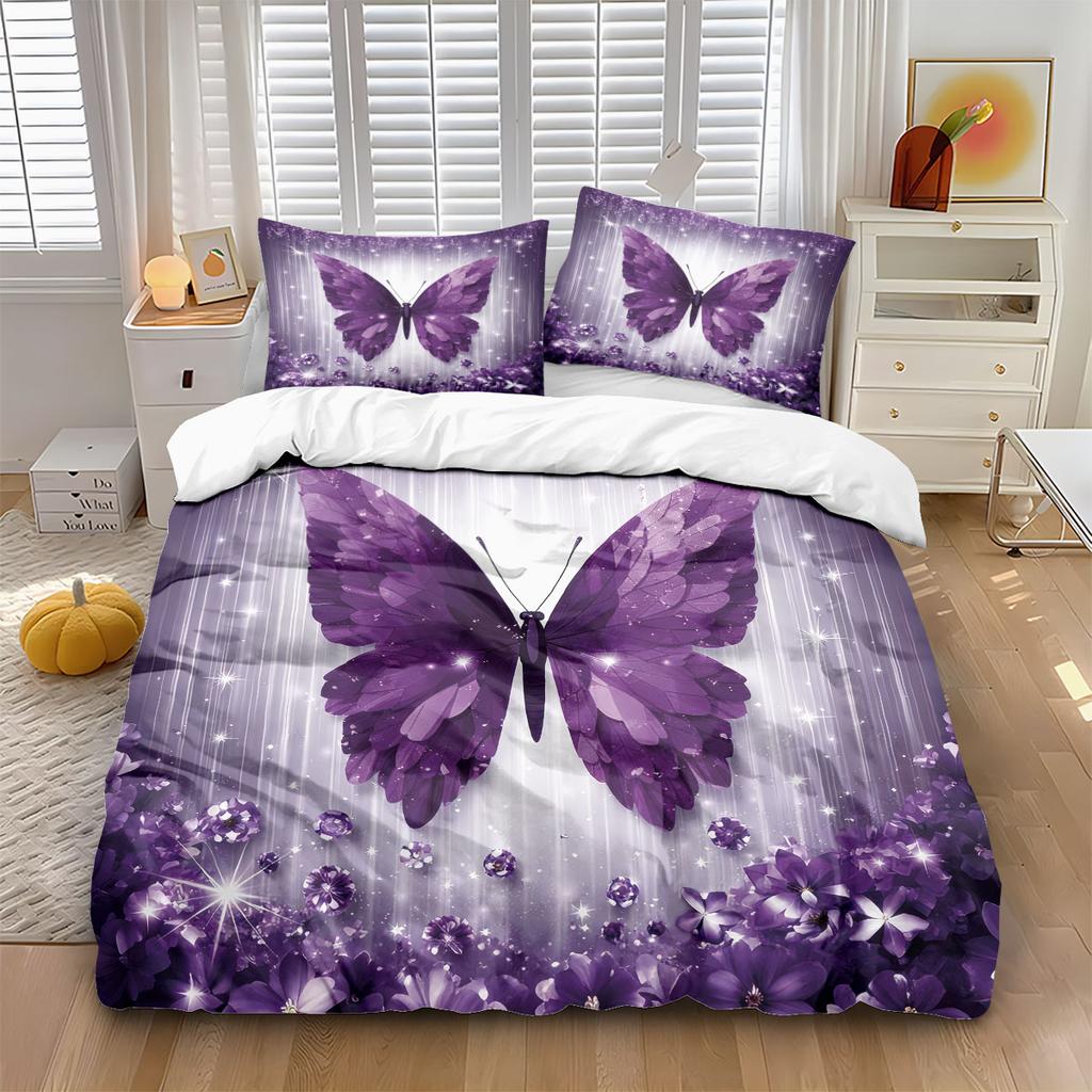 3pcs Purple Butterfly Printed Coreless Duvet Cover Set, Multi Size Bedroom Bedding Decoration, Machine Washable