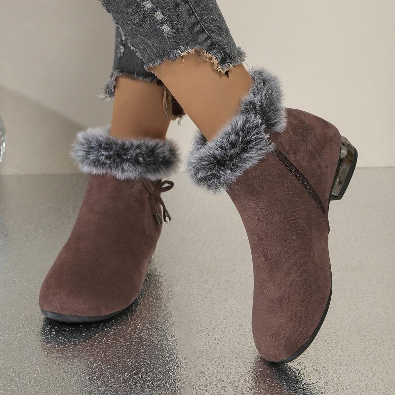Mode Niedriger Absatz Baumwollstiefel Damenmode Runde Zehe Wildleder Seitlicher Reißverschluss Plus Fleece Schleife Rutschfest Abriebfest Kurzschaftstiefel