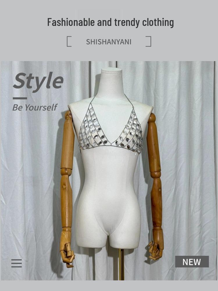 Rhinestone Tassel Body Chain Bikini Halter Bra - European & American Beachwear for Women