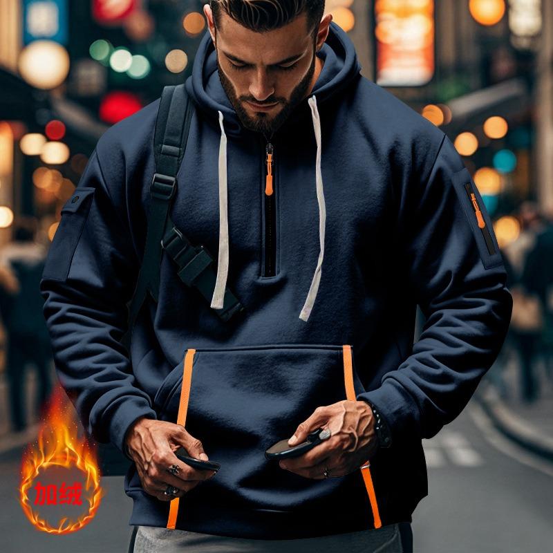 Mens Casual Fleece Lined Hooded Pullover Sweatshirt Zipper Pockets Plus Size