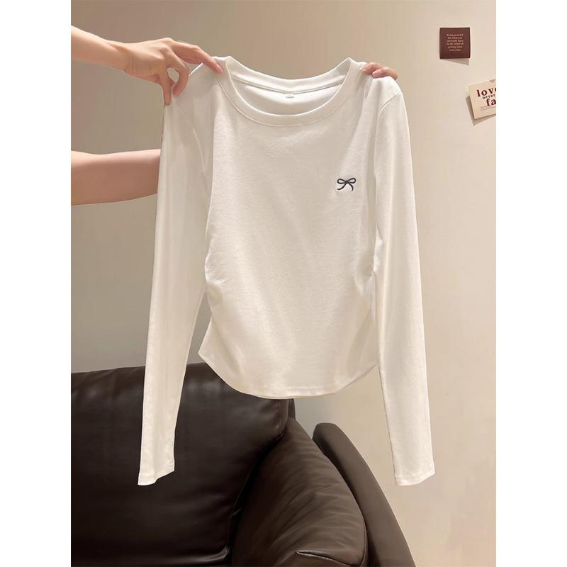 Cotton Waist Pleated Long-sleeved Shirt for Women's Spring, Autumn and Winter New Irregular Front Shoulder Top with Bottoming Shirt for Women