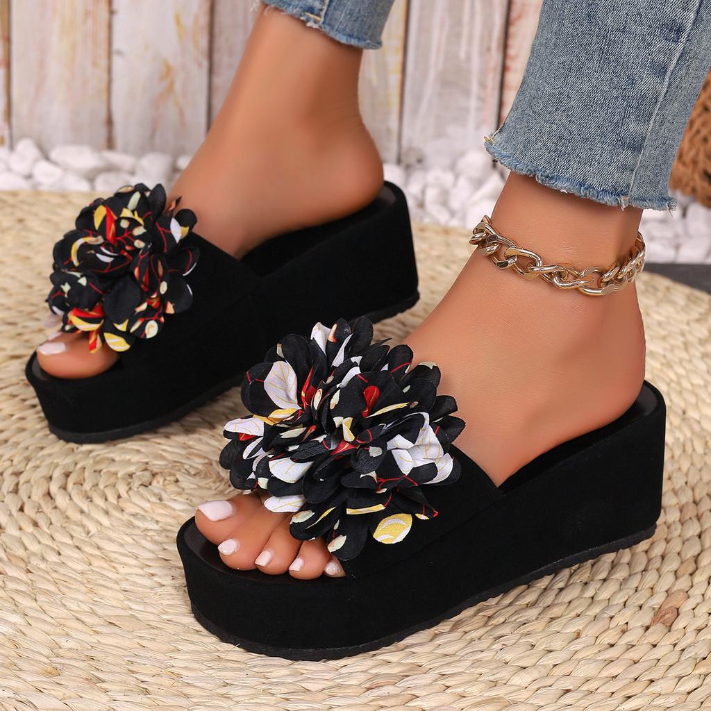 Mode Sommer Damen Keilabsatz Pantolette Strand Hausschuhe Dicke Ferse Damen Sandalen Kristall Dekor Rutschfeste Plateau Hausschuhe Übergröße 35-43