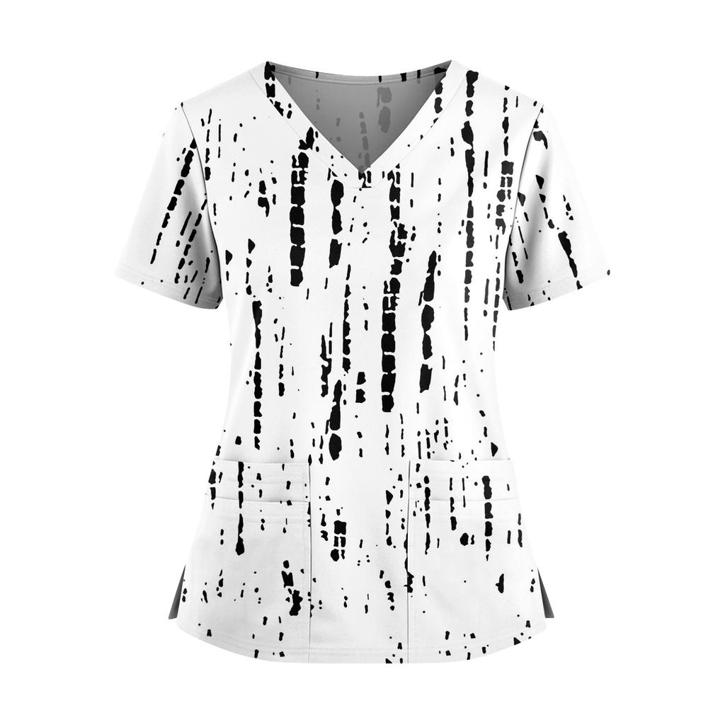 Women's Fashionable Printed V Neck Double Pocket Short Sleeved Shirt With Slit Hem Uniform And Worker Top