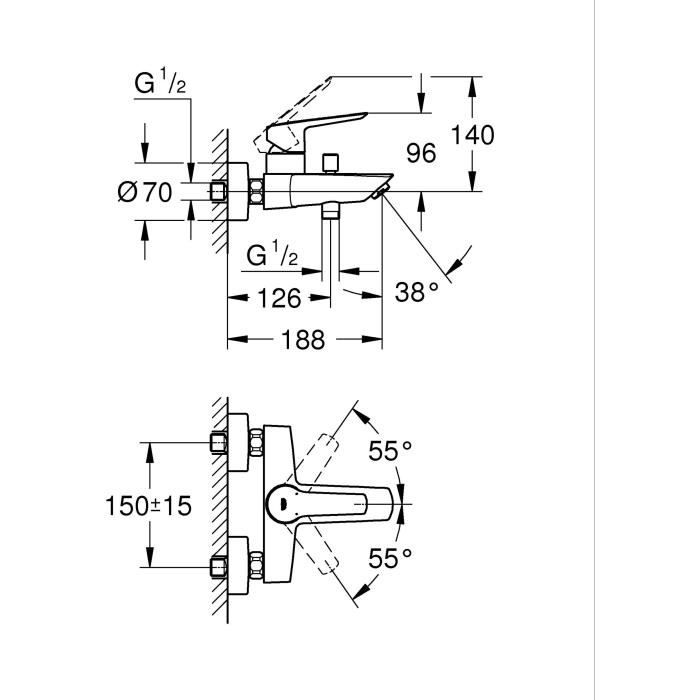 Single-lever Bath/shower Mixer - GROHE Start - Matte Black - Exposed Wall-mounted - Automatic Diverter