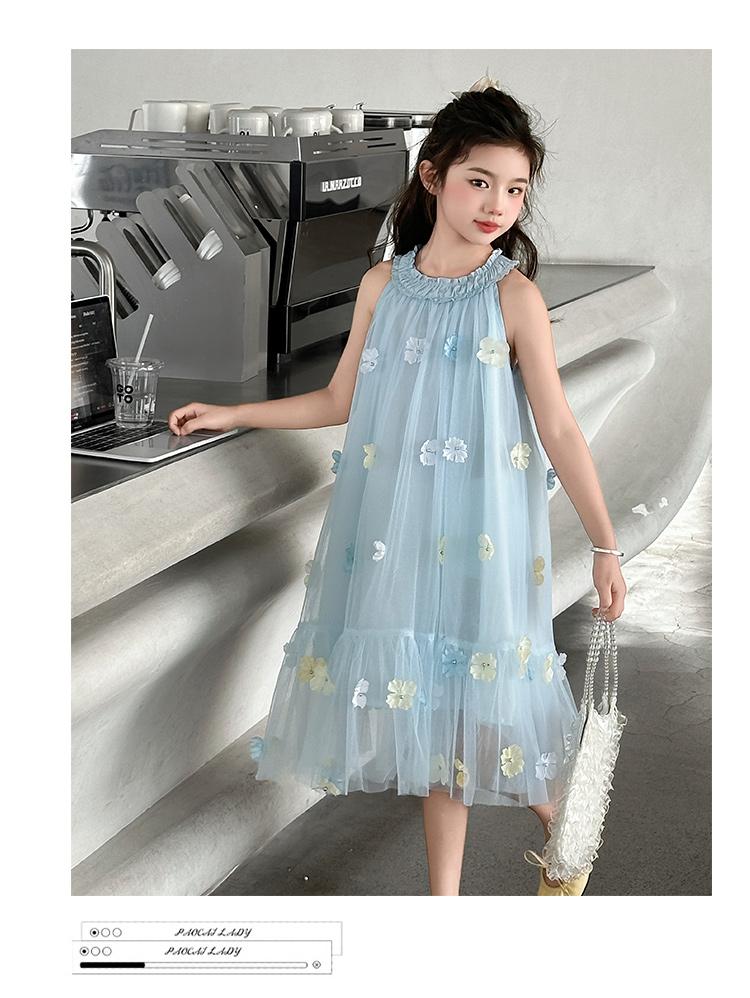 Girls' Blue Dress Summer Dress 2026 New Stylish Girls' Summer Mesh Princess Dress Children's Summer Dress