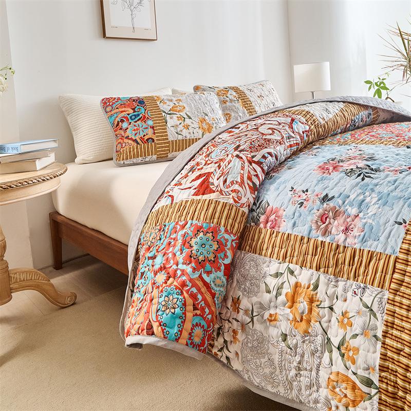 Set Copripiumino 3 Pezzi in Cotone Lavato ad Acqua con Stampa Digitale Spazzolato, Coperta Trapuntata Estiva Double-Sided (264x230 cm)