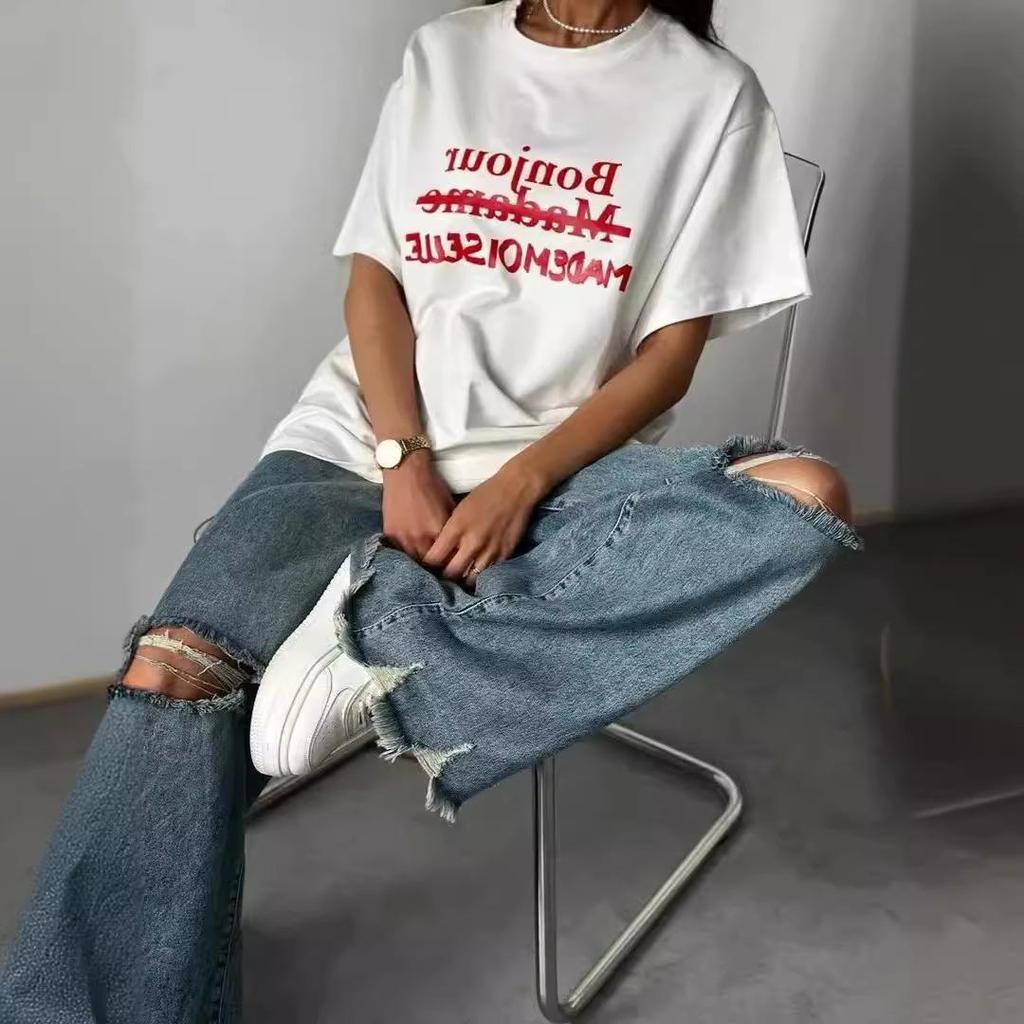 Basit Retro Amerikan 2024 Yaz Tişörtü: %100 Pamuk, Bol Kesim, Kısa Kollu, Yazılı Baskı