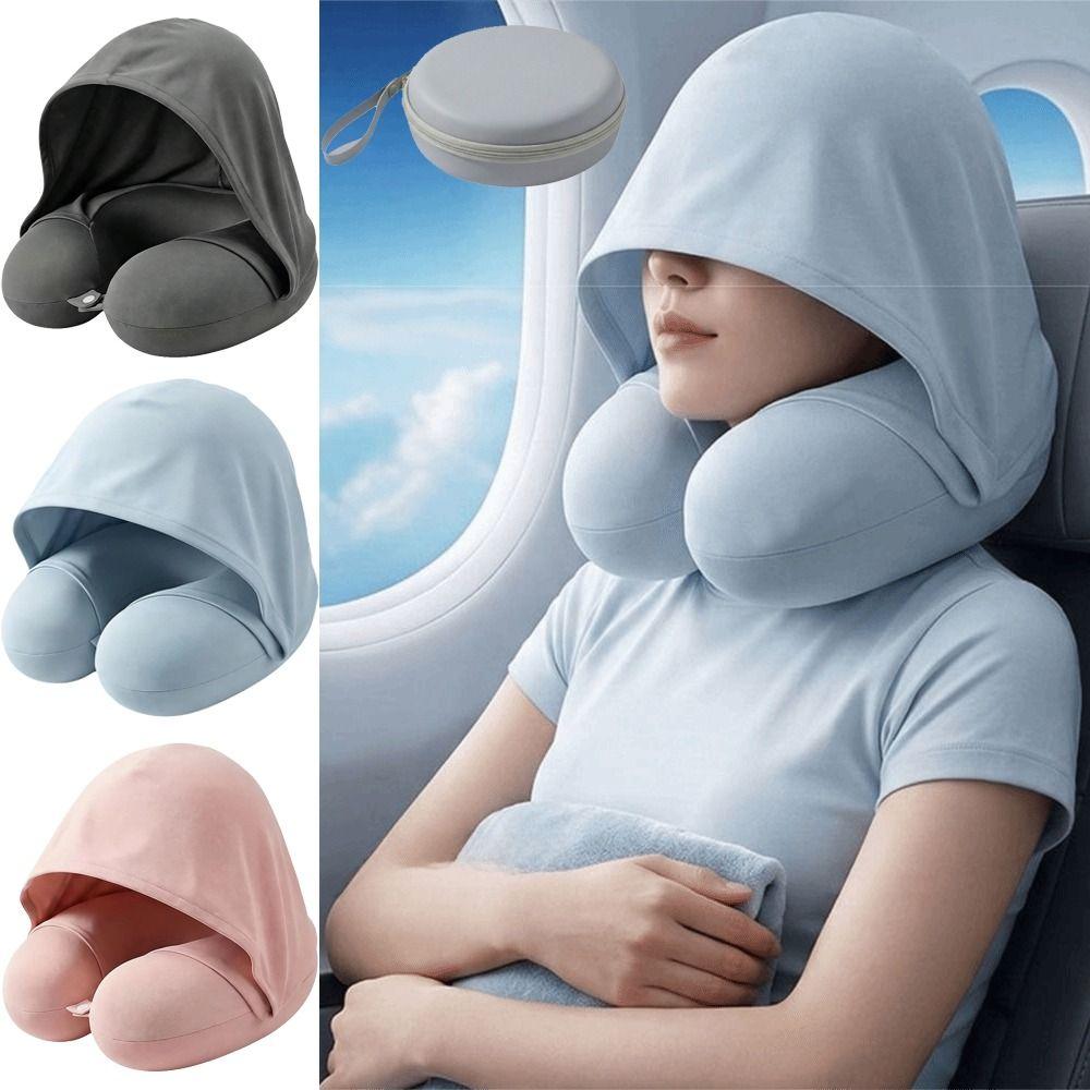 Foldable Design U-Shaped Neck Pillow Breathable Fabric Hooded Neckrest Pad Office Napping