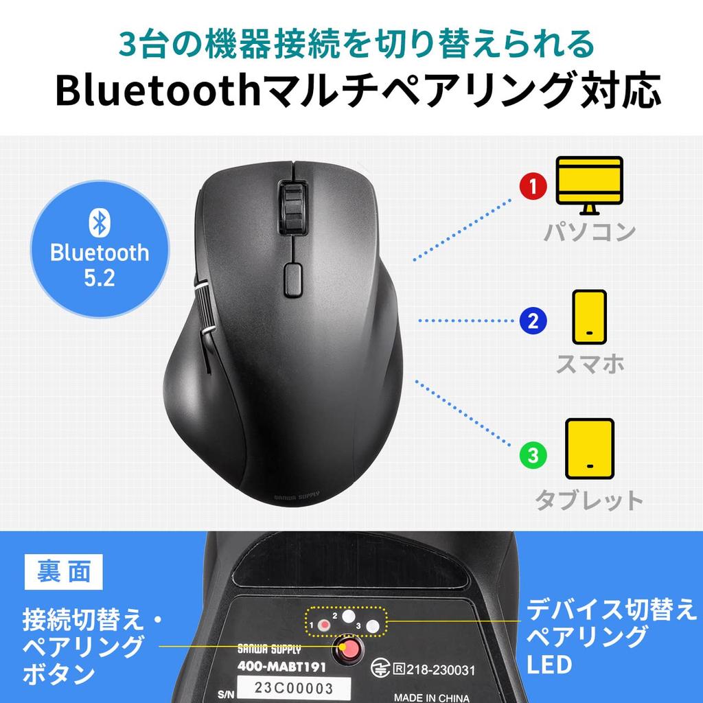 Sanwa Direct Bluetooth Horizontal s kompatibilní s černou myší, rolovací, dobíjecí, tichý, vícenásobné párování [Vybavená tlačítka zpět/vpřed] iOS,