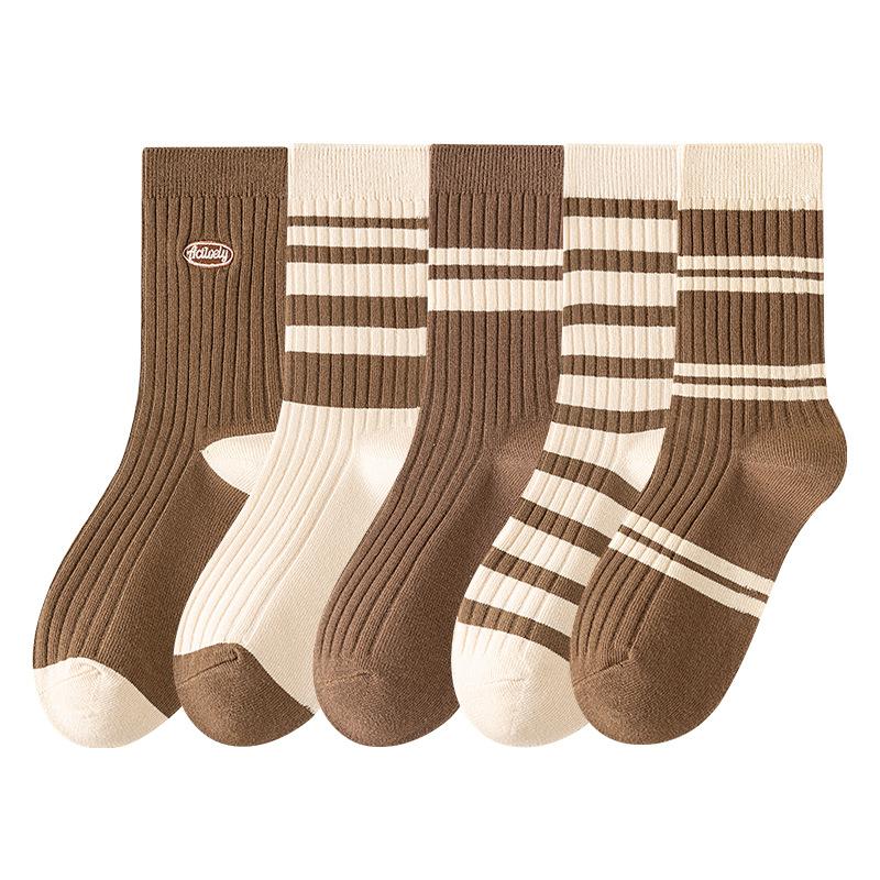 5 Pairs of Female Spring and Autumn Cotton Thin Style Sweat Absorbent Boneless Tube Stack Socks