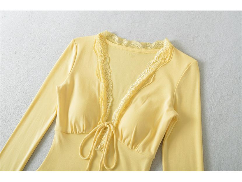Women's Long Sleeve Lace Trim V-Neck Bell Sleeve Slim Fit Top for Autumn/Winter