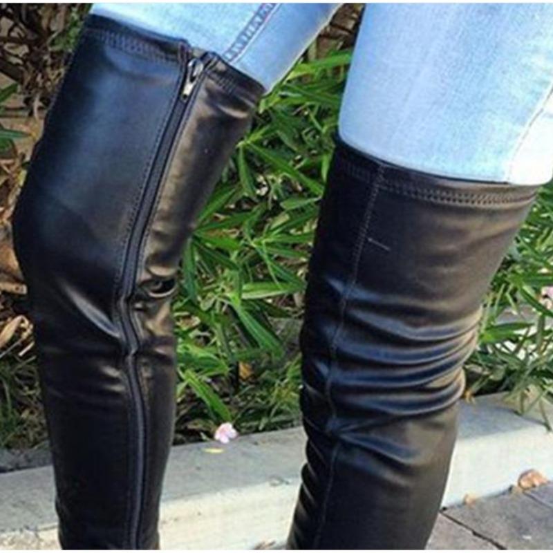 Autumn Winter Round Headed Low Square Heel Over-the-knee Boots Sewing PU 3CM Large Size Side Zipper Long Boots for Women Shoes