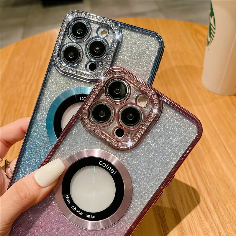 Applicable To IPhone16 Mobile Phone Case Electroplating Edge Drilling Apple 15promax Magnetic Sleeve 13/14 Gradient Glitter
