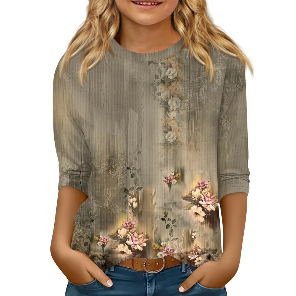 Children's 3/4 Sleeve Tops Knit  Casual  Print T Shirt Round Neck Pullover Blouse
