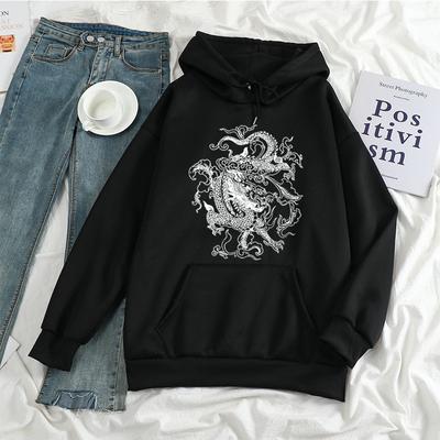 Dragon Print Harajuku Damen Brief Mode Langarm Vintage Plus Samt Ulzzang Casual Plus Size Kapuzenpullover
