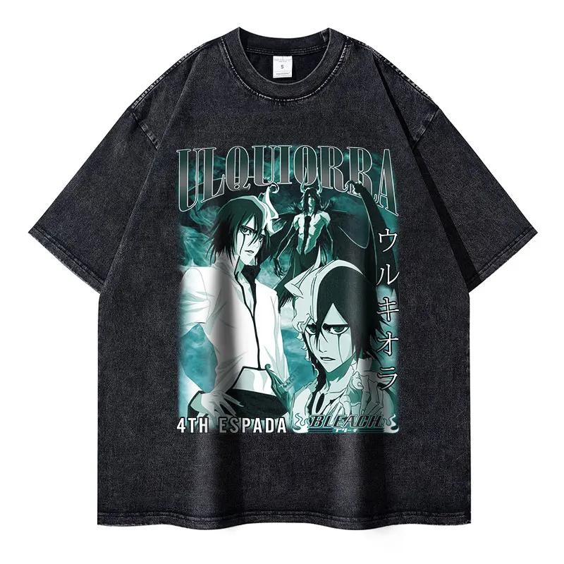 Anime Bleach Vintage Washed Tshirt Kurosaki Ichigo T Shirts Oversized Short Sleeve Streetwear Retro Manga Ulquiorra Tops Tees