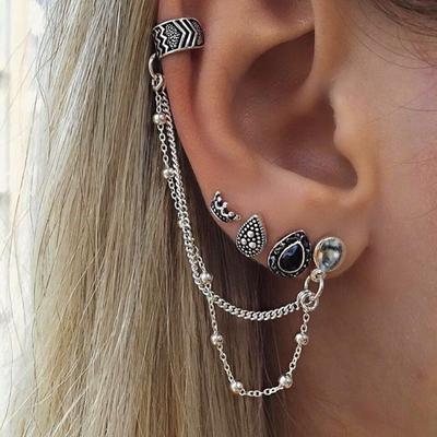 4 Pcs Boho Crown Teardrop Charms Ear Studs Earrings Lady Chain Clip Earring Set