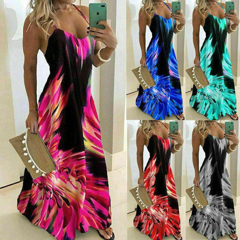 Elegant Women's Summer Strappy Floral Boho Kaftan Dress Perfect For Beach Days