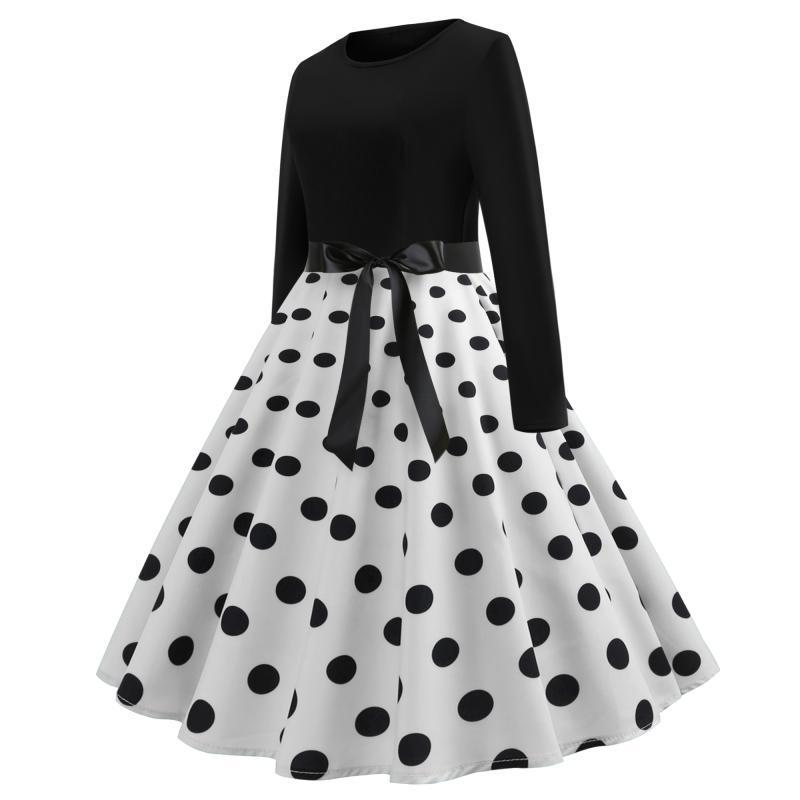 Retro Sukienka Rozkloszowana z Nadrukiem i Łatkami w Stylu Hepburn z Paskiem