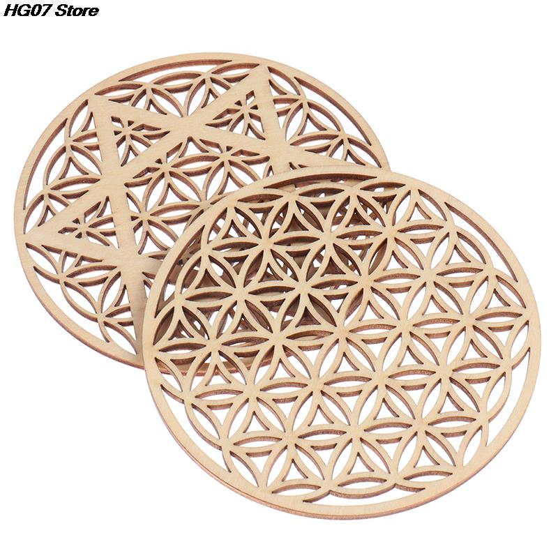 New 1PC Natural Wood Chakra Flower of life Natural Symbol Wood Round Edge Circles Carved Coaster For Stone Crystal Set DIY Decor