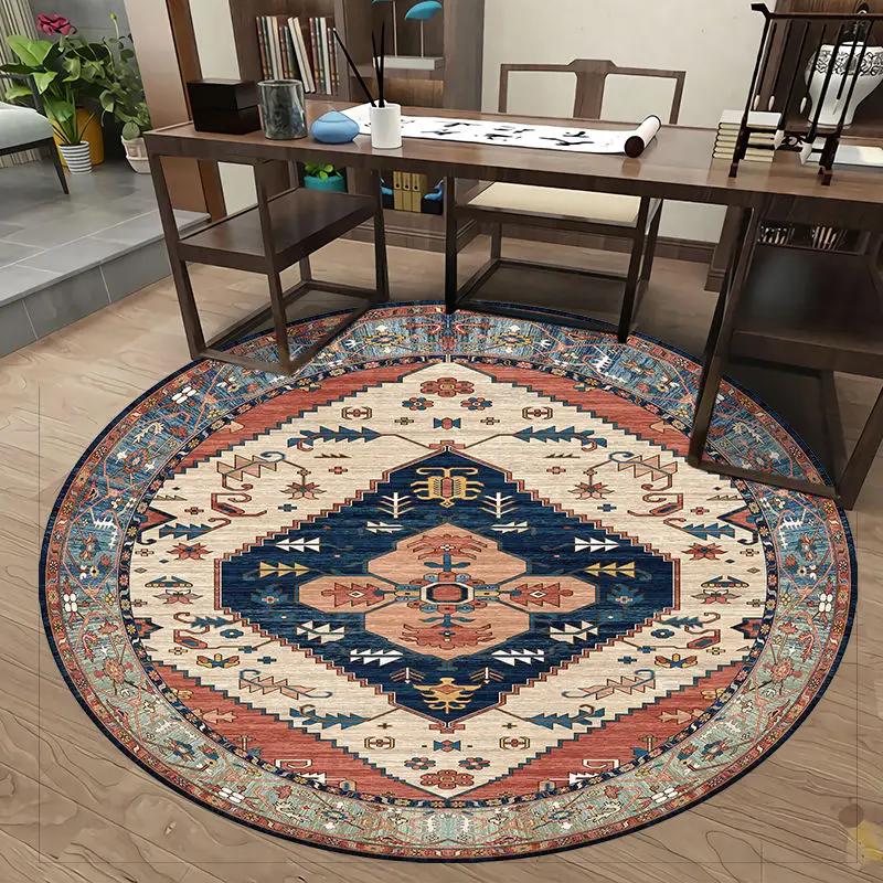 European Retro Chinese Round Carpet Living Room Tea Table Mat Computer Chair Cushion Home Decoration Non-slip Soft Fluffy Rug