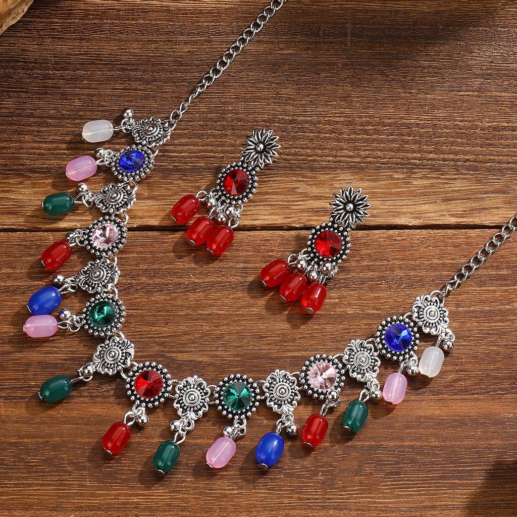 Boho Chic Beaded Tassel Choker Necklace & Retro Earrings Set for Women