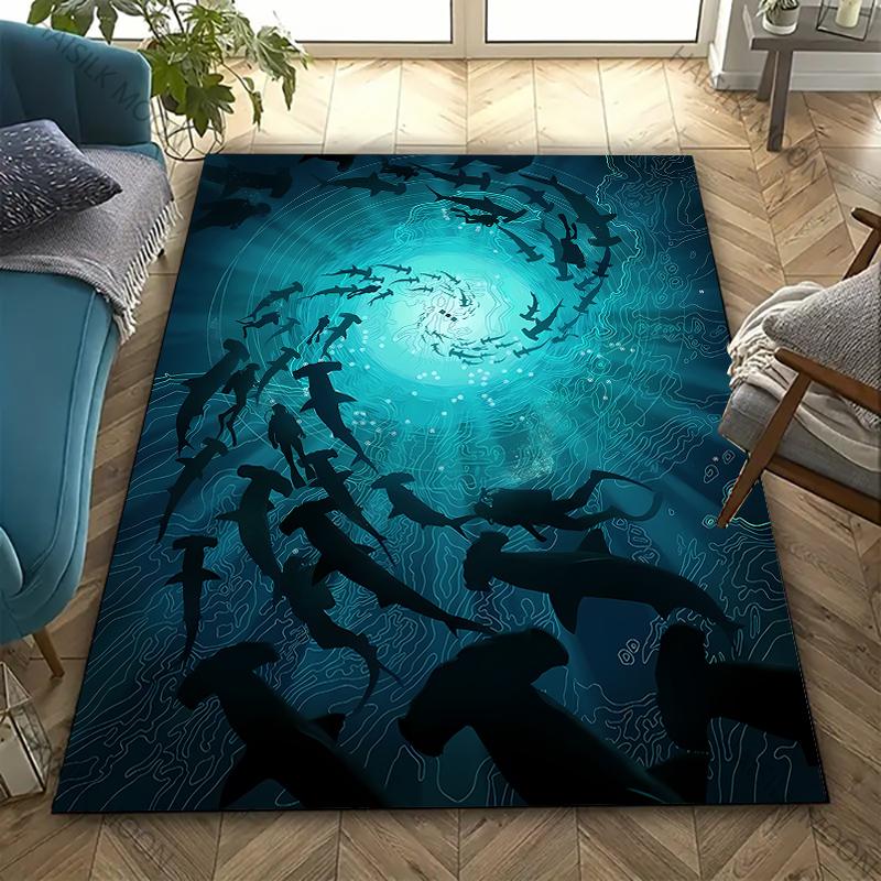 3D Shark Theme Printed Carpet Edgy Nautical Horror Statement Rug for Living Rooms Bedrooms, Office Areas, Durable Washable Mats