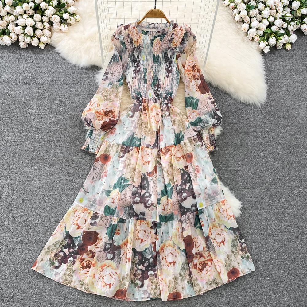 

Tingfly Женская мода Цветочный принт Складки Эластичный шифон Миди Длинные платья Женское бохо струящееся повседневное уличное платье Elbise Robes One Size жёлтый