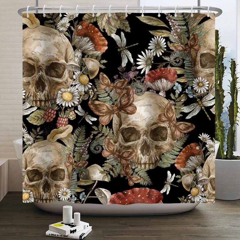 Floral Skull Shower Curtain Mushroom Gothic Halloween Bathroom Decor Curtain Skeleton Butterfly Vintage Artwork Bathtub Curtain