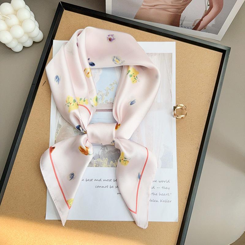 Gentle French pastoral flower versatile square scarf female fashionable niche silk scarf headband headscarf scarf neck scarf 65*65