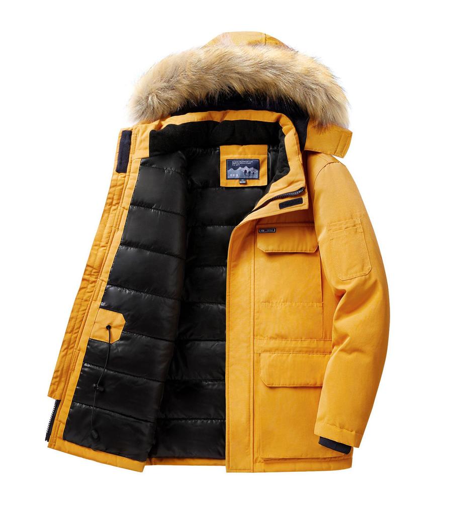 Men's Mid-Length Cotton Jacket with Fur Collar - Warm, Hooded, Windproof, Fashionable Outerwear