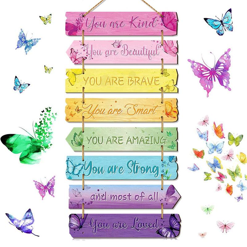 Children Bedroom Decorative Rainbow Wooden Board Butterfly Plaque with Positive Words