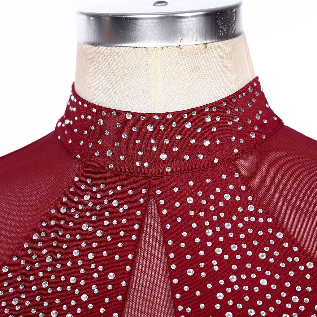 Costum de patinaj artistic pentru femei, strălucitor, cu strasuri, plas transparent, patchwork, fără mâneci, decupaj pe spate