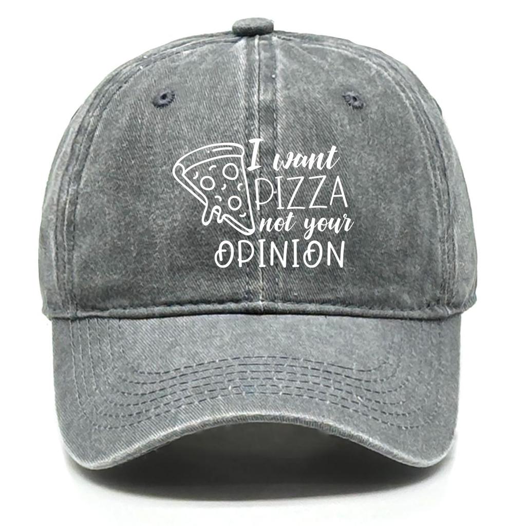 I want pizza not your opinion" Print Snapback Sun Hat, Trucker Hat Sun Protective Sporting Headwear Distressed Adjustable Baseball Hat